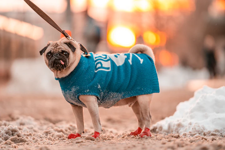 A pug in a blue sweater and red boots on a snowy street